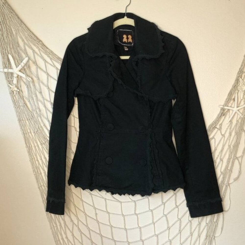Vintage 22 DECEMBER Black Boho Double Breasted Jacket with Crochet Trim S